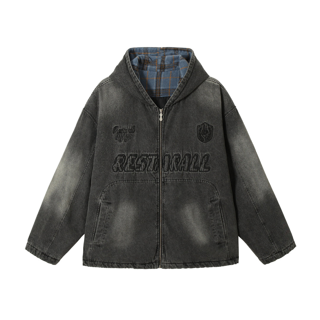 Men's Washed-Denim Hoodie in Oversized Look with Checked Lined Hood Mune Fashion