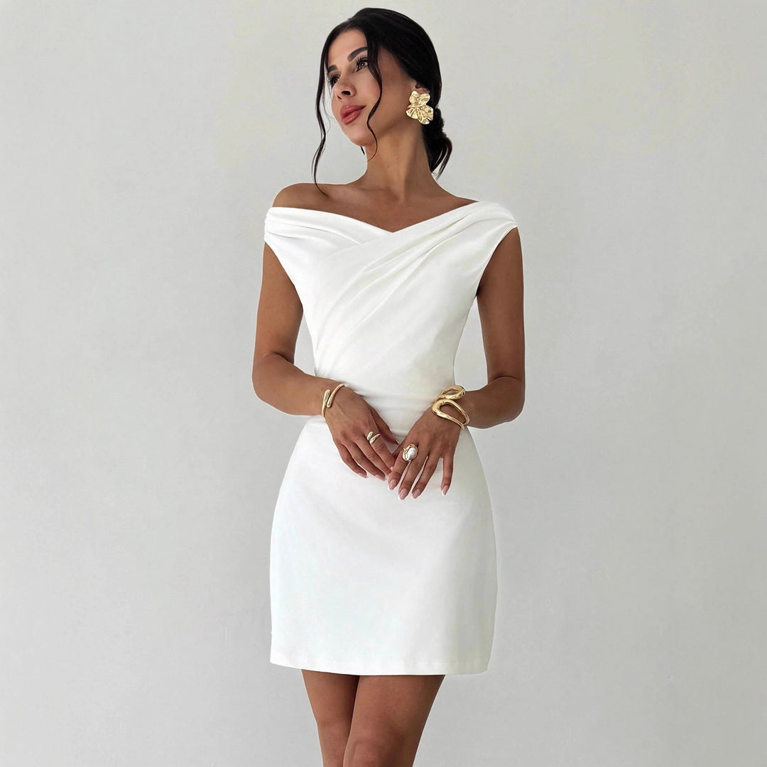 Women's off-the-shoulder sheath dress with crossed neckline draping and tailored silhouette Mune Fashion