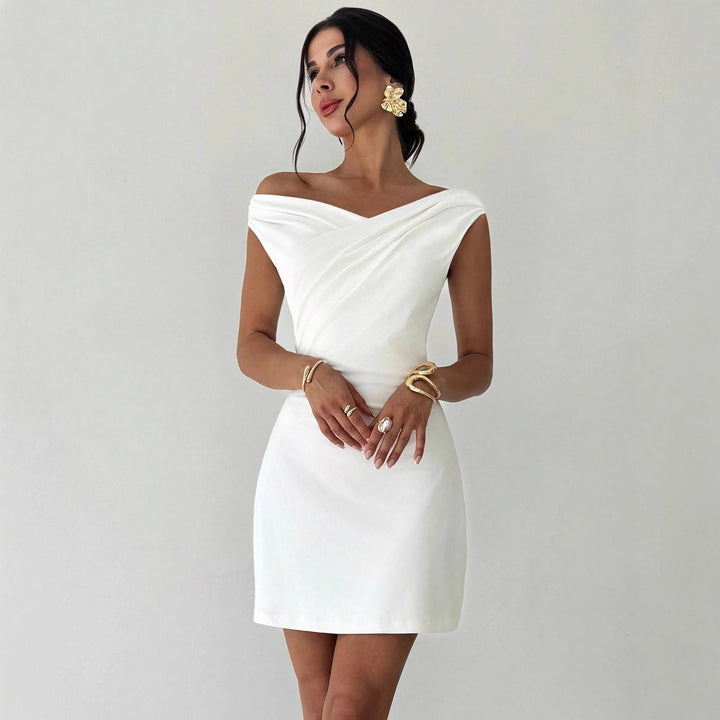 Women's off-the-shoulder sheath dress with crossed neckline draping and tailored silhouette Mune Fashion