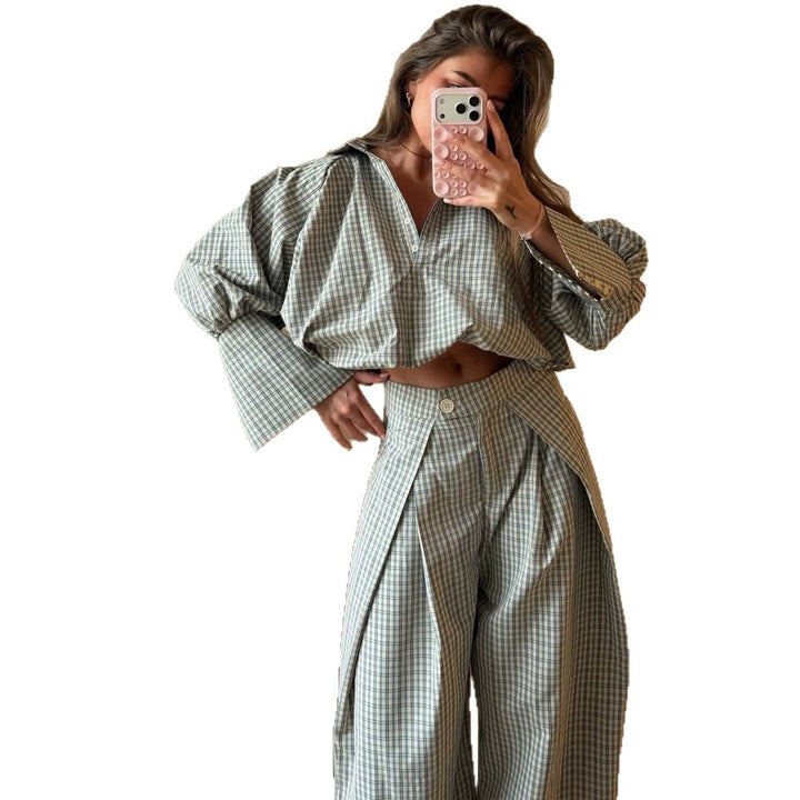 Women's Two-Piece Checked Set with Cropped Oversized Shirt and Wide Pleated Trousers Mune Fashion