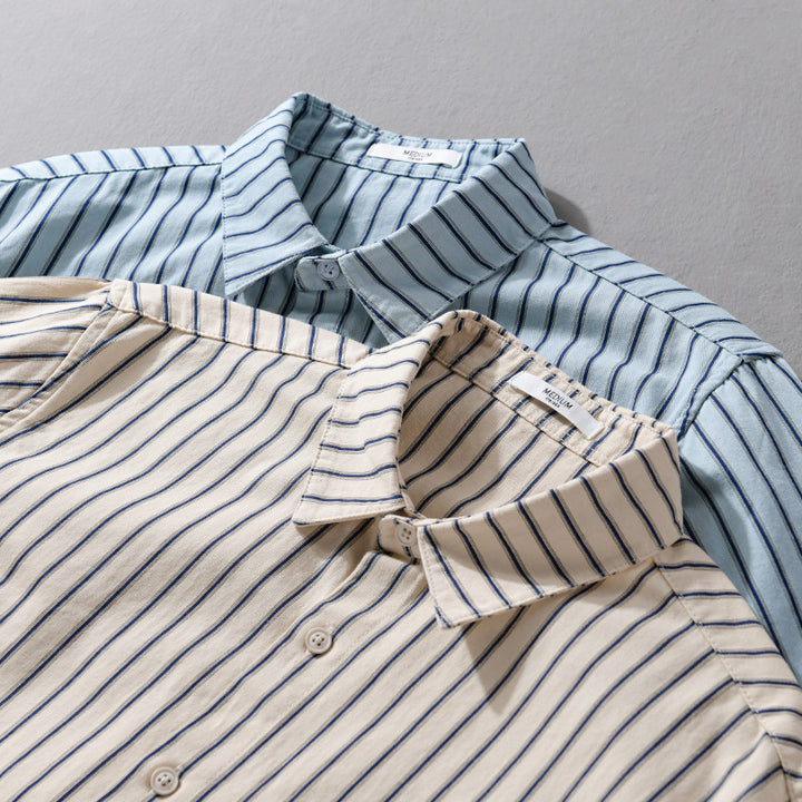 Men's Lightweight Cotton Relaxed Shirt with Vertical Double Stripe, Kent Collar and Patch Chest Pocket Mune Fashion