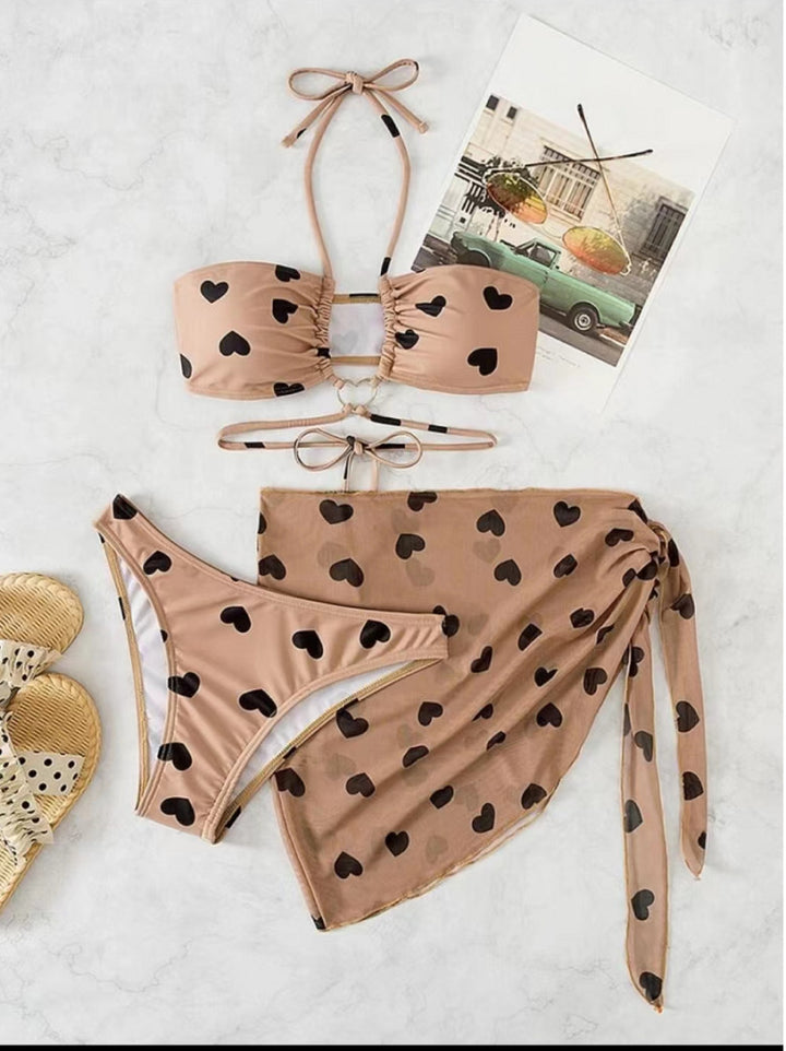 Women's Bikini Set with Playful Heart Pattern and Elegant Wrap Skirt Mune Fashion