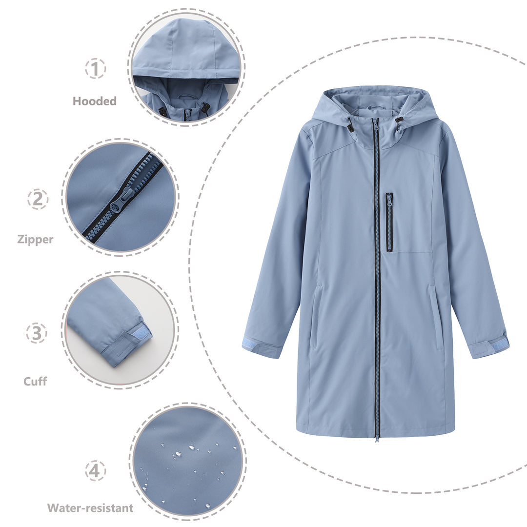 Women's long slim functional rain jacket with full-length zipper, chest zip pocket, and velcro cuffs Mune Fashion