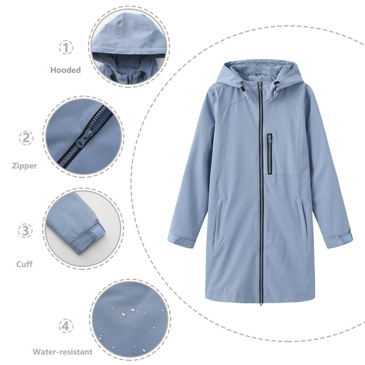 Women's long slim functional rain jacket with full-length zipper, chest zip pocket, and velcro cuffs Mune Fashion