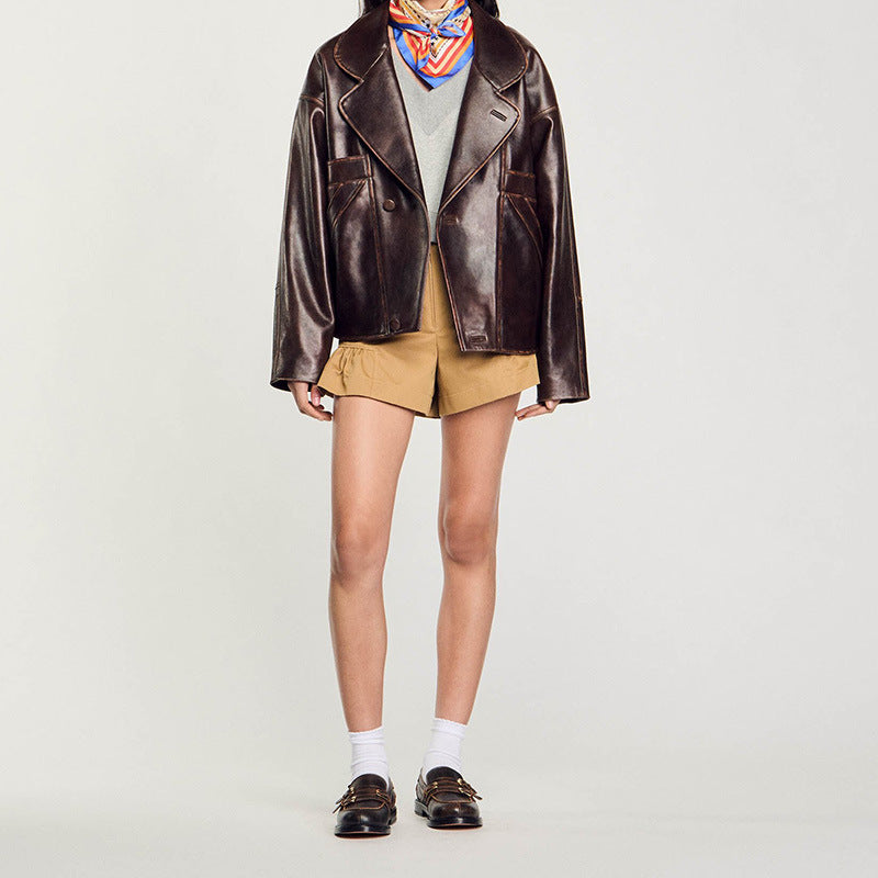 Women Short Cut Oversized Leather Jacket with Round Collar and Flap Pockets Mune Fashion