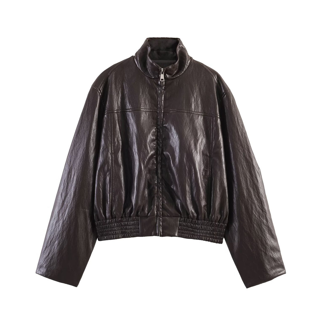 Women's Oversized Bomber Jacket in Leather Look with High Stand Collar and Gathered Waistband Mune Fashion