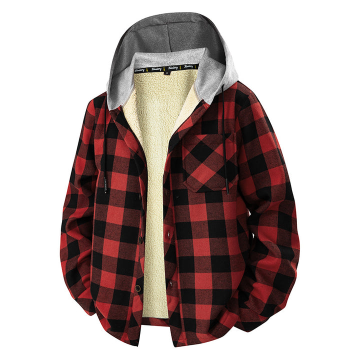 Men's plaid Sherpa-lined overshirt with hood, chest pocket, and snap button closure Mune Fashion