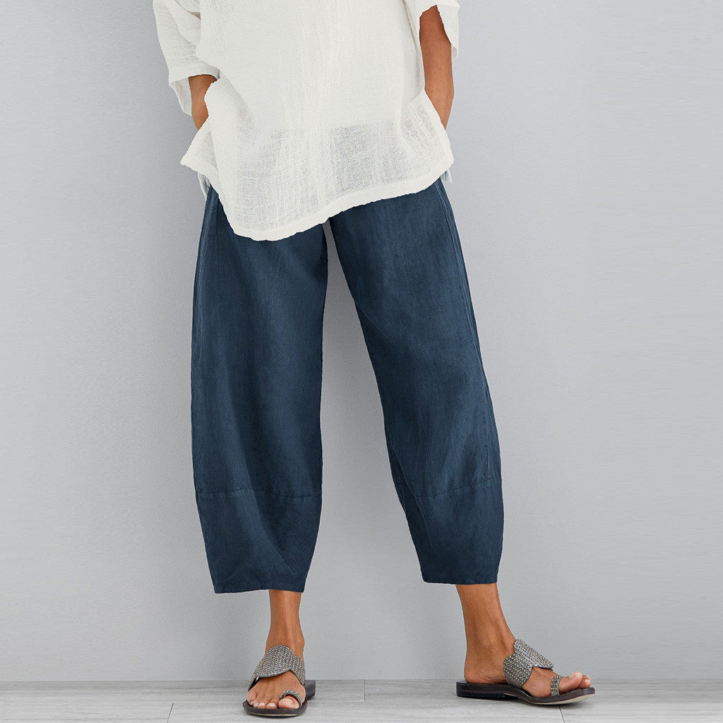 Women's wide-cut linen pants with tulip hem and elastic waistband Mune Fashion
