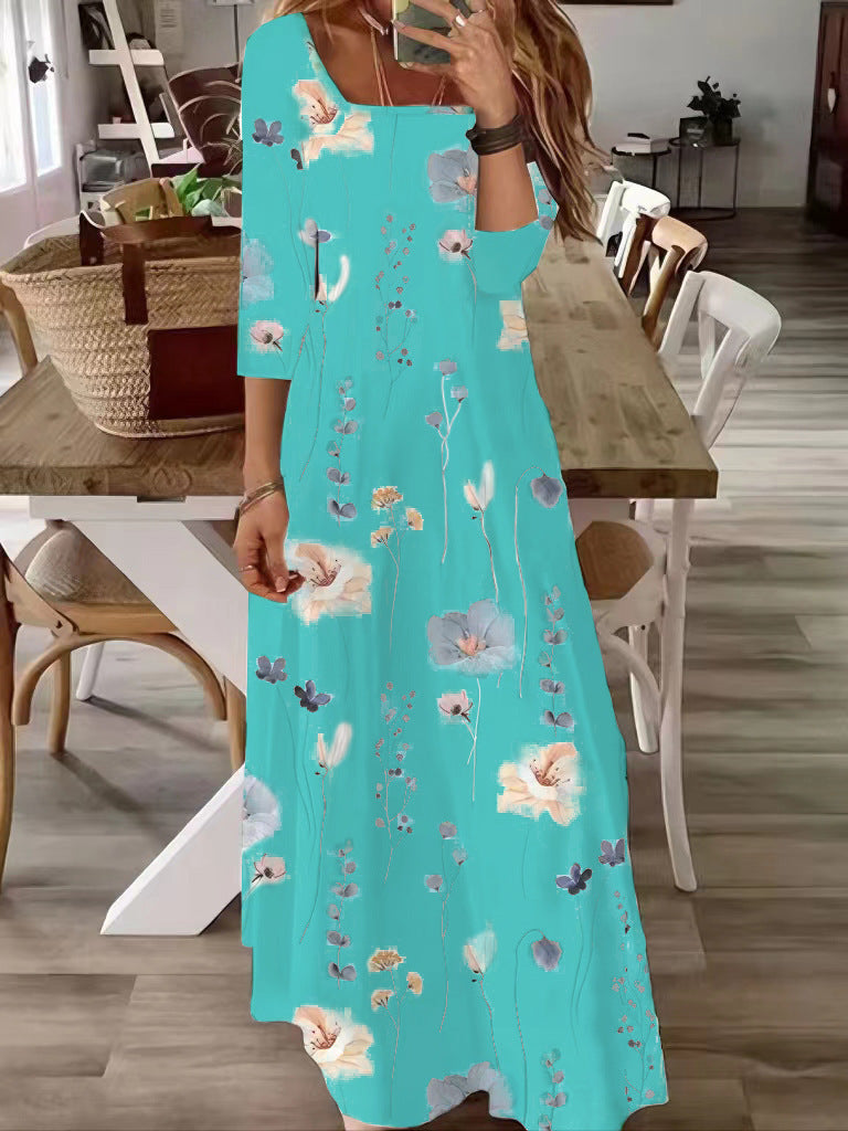 Women's Flowing Maxi Dress with Three-Quarter Sleeves, Boat Neck and Floral Allover Print Mune Fashion