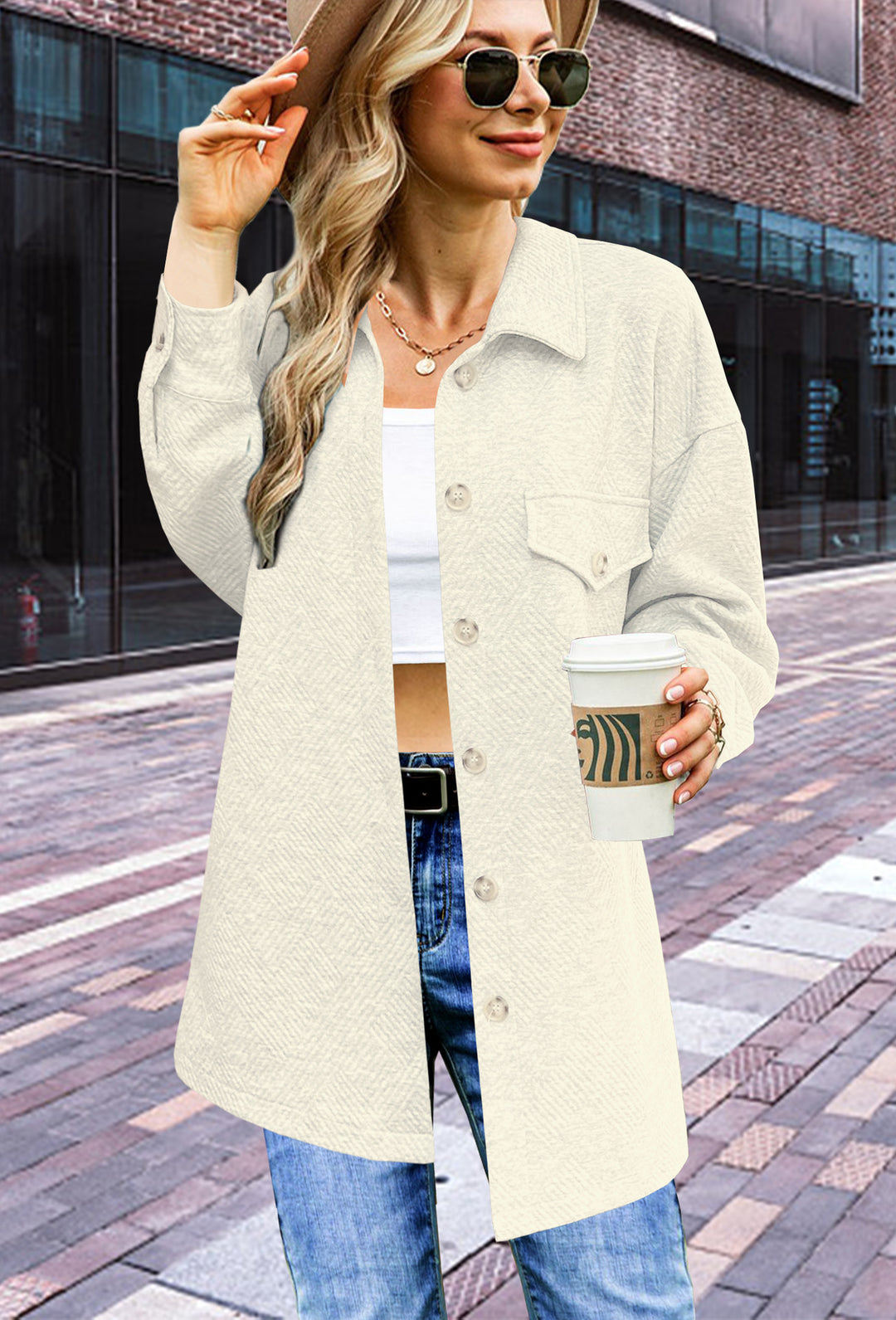 Women's Longline Oversized Shirt Jacket with Flap Pockets and Textured Fabric Mune Fashion