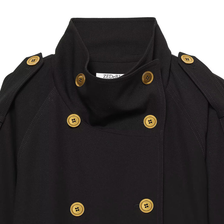 Women Short Trench Coat with Double-Breasted Button Placket and Waist Belt Mune Fashion