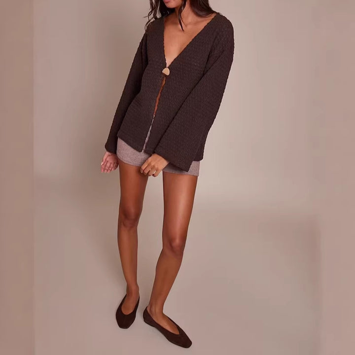 Women’s Structured Waffle Knit Cardigan with Deep V-Neck, Single Button Closure, and Casual Oversized Sleeves Drune