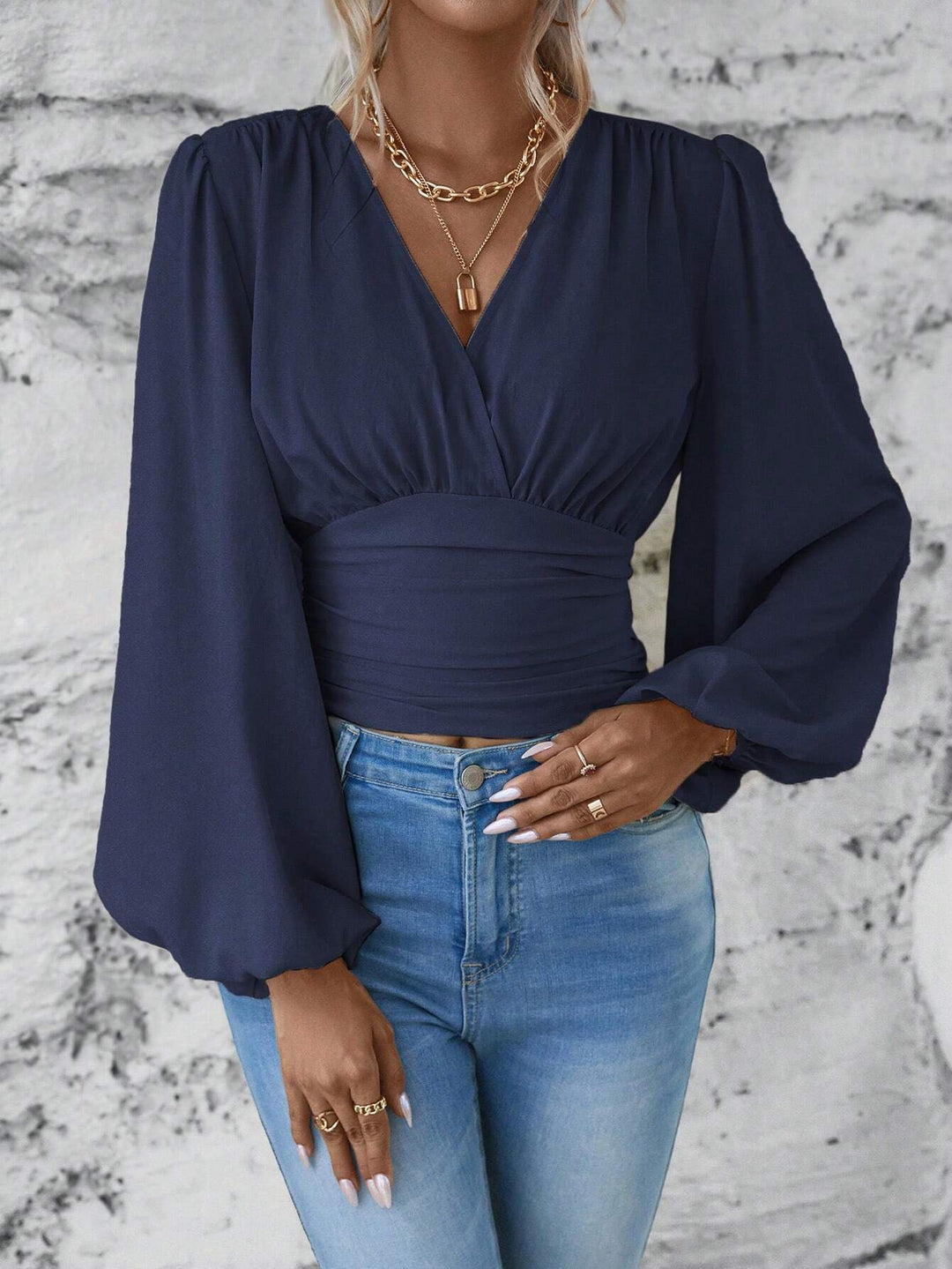 Women's Wrap Cropped Top with Gathered Waist and Wide Balloon Sleeves Mune Fashion