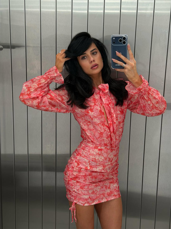 Women Floral Chiffon Mini Dress with Bow Collar, Transparent Volume Sleeves and Side Gathering Mune Fashion