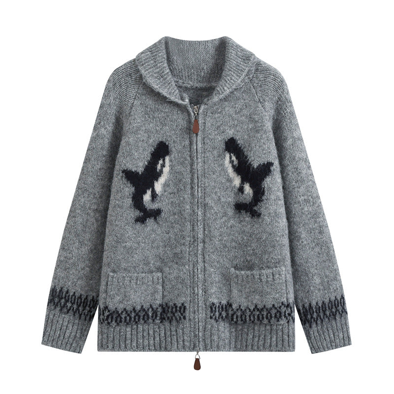 Women’s cardigan with zipper, shawl collar and whale intarsia Mune Fashion
