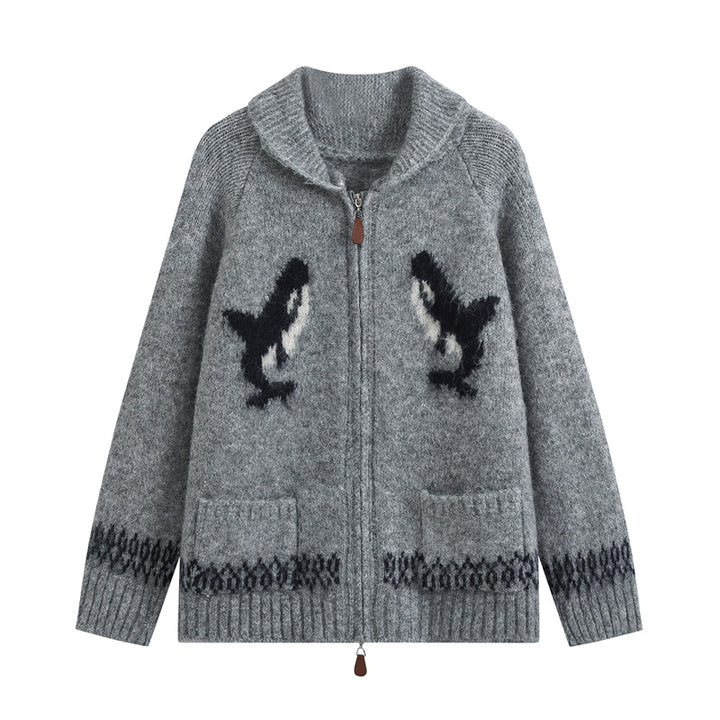 Women’s cardigan with zipper, shawl collar and whale intarsia Mune Fashion