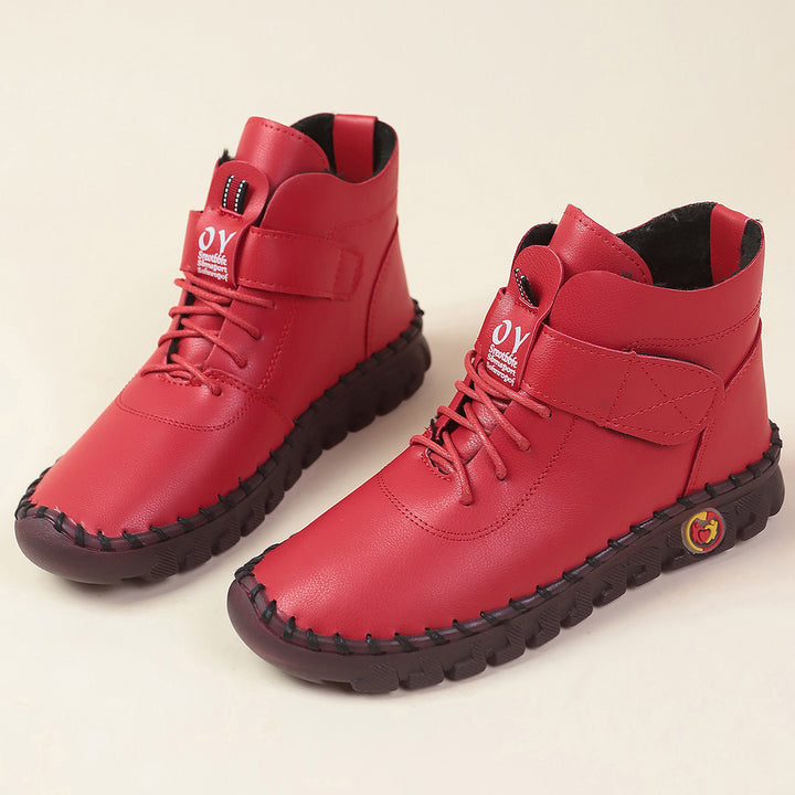 Women ankle-high comfort lace-up booties with Velcro closure and textured rubber outsole Mune Fashion