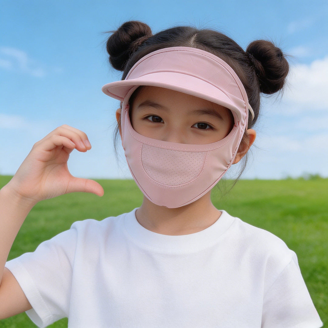 Unisex nan children's sun visor with integrated breathable face mask, adjustable neck strap, and perforated chin area Mune Fashion