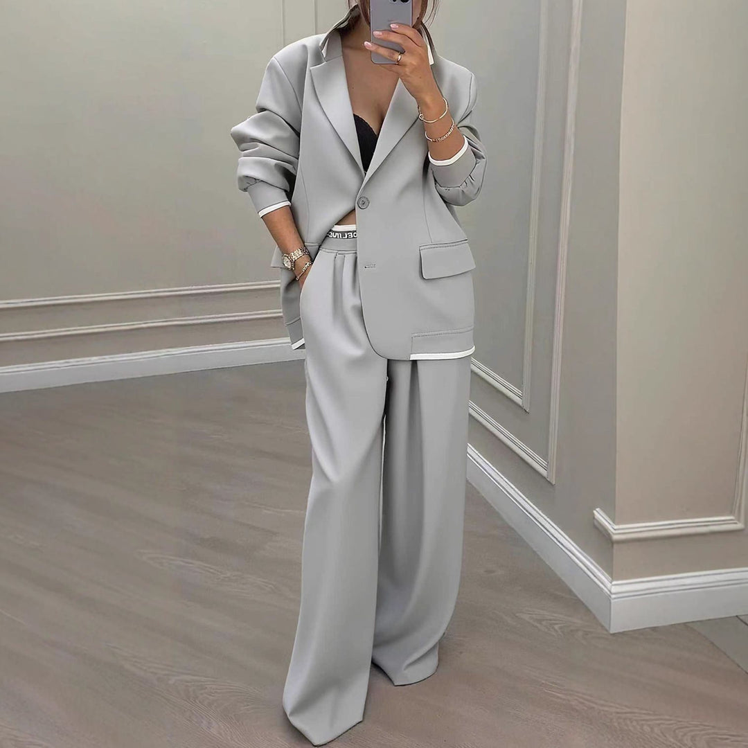Women Oversized Blazer with Contrast Trim and High-Waist Palazzo Pants Two-Piece Set Mune Fashion
