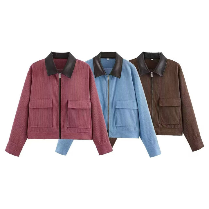 Women's Short Cord Jacket in Blouson Style with Leather Collar and Flap Pockets Mune Fashion
