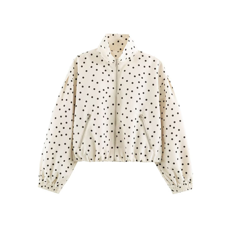 Women short cut dotted bomber jacket with stand collar, zip pockets and elastic hem Mune Fashion