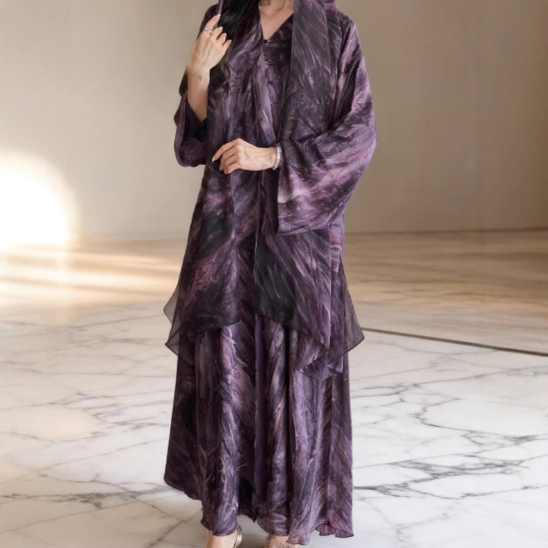 Women's long flowing hooded kaftan dress with wide sleeves and multi-layer chiffon Mune Fashion