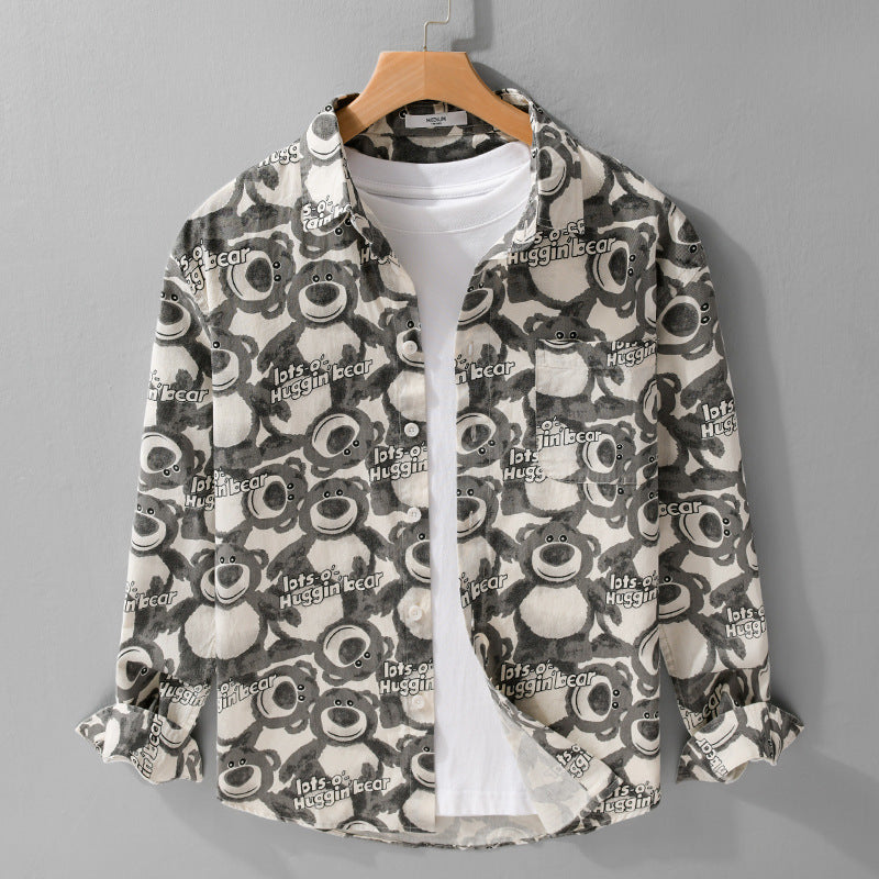 Men's Casual Loose-Fit Shirt with Full Button Placket, Chest Pocket, and Playful Allover Bear Print Mune Fashion