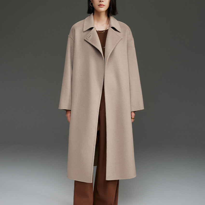 Women Straight Wool Blend Coat with Concealed Button Placket and Self-Tie Belt Mune Fashion