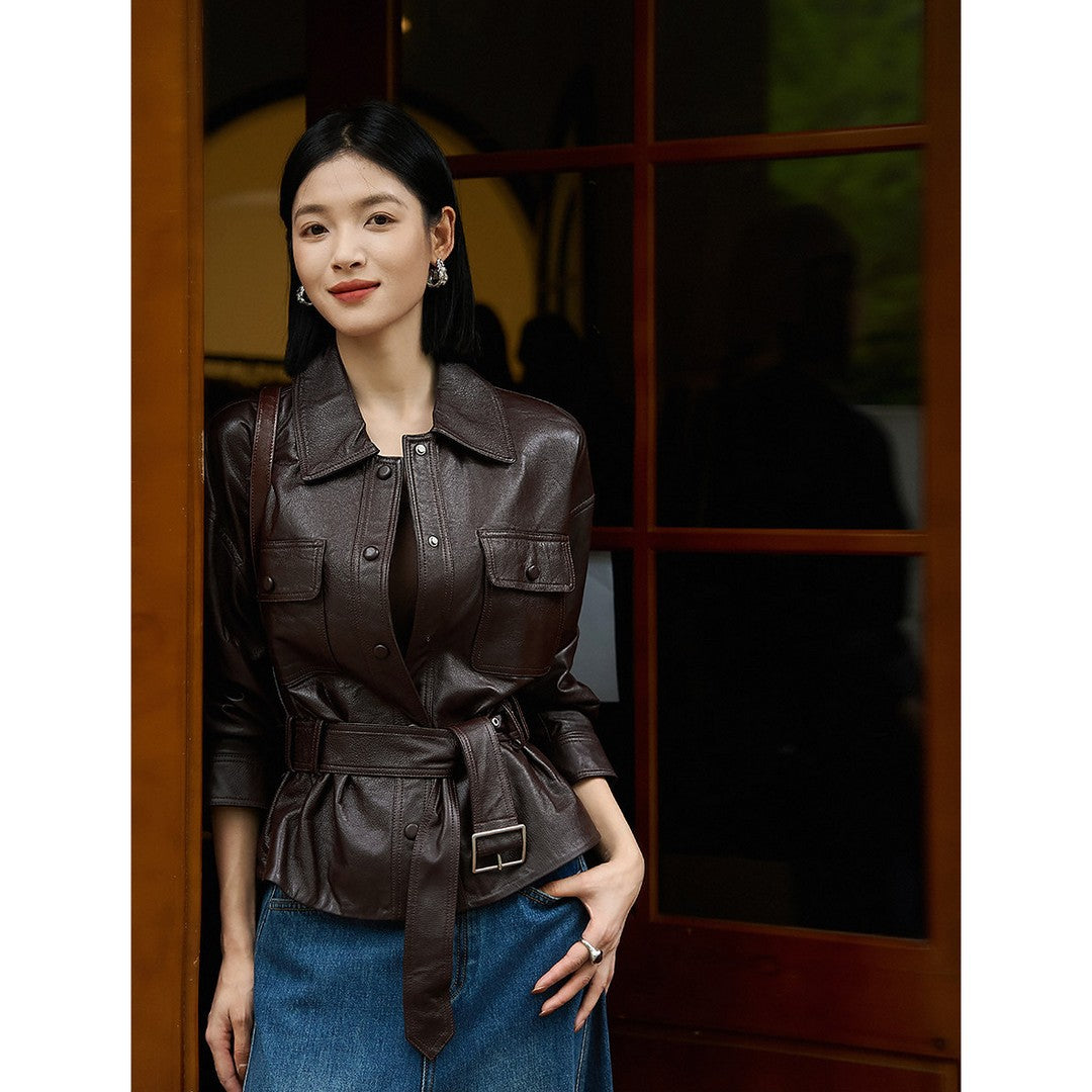 Women's short jacket made of textured leather with waist belt and press studs Mune Fashion