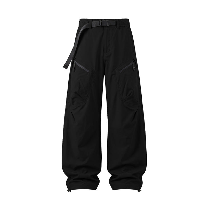 Men's Wide Ripstop Cargo Pants with Integrated Web Belt, Zipper Pockets, and Drawcord Finish Drune