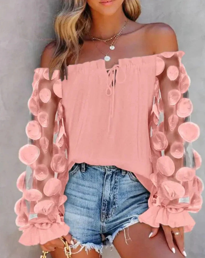 Women off-shoulder Carmen top with transparent organza sleeves, circular appliqués and ruffle cuffs Mune Fashion