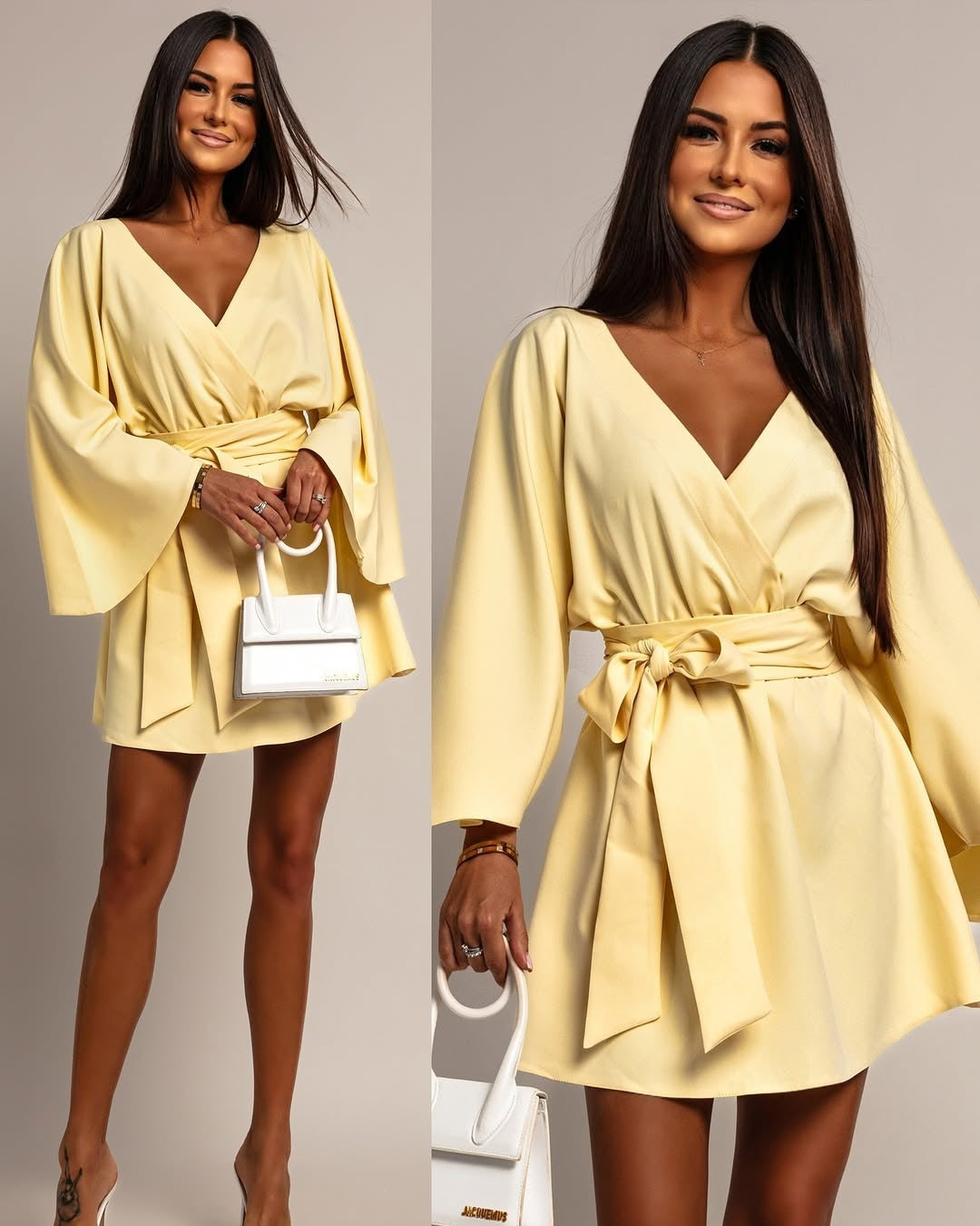 Women's Wrap Mini Dress with Kimono Sleeves and Waist Belt Mune Fashion
