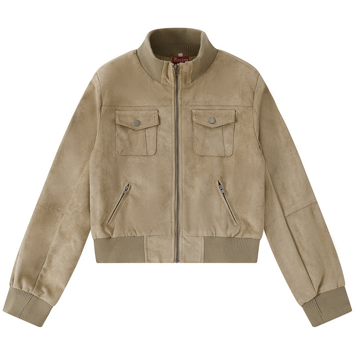 Women's Short-Cut Bomber Jacket Made of Velour Imitation with Chest Pockets and Zipper Pockets Mune Fashion