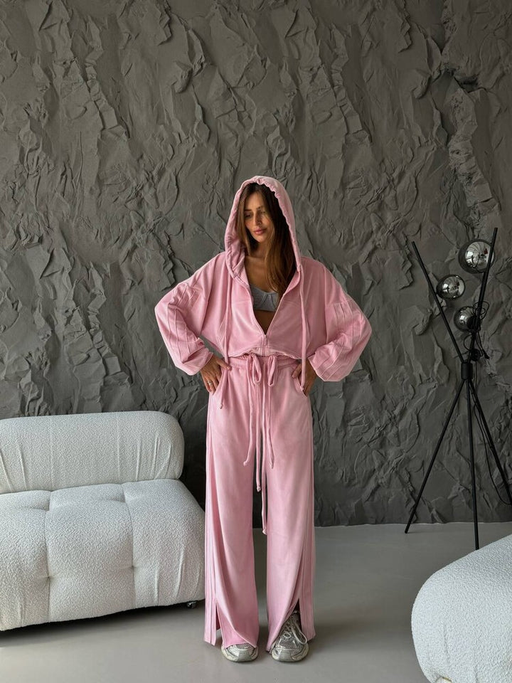 Women's Cropped Hoodie with Drawstring and Wide Split Pants Lounge Set Mune Fashion