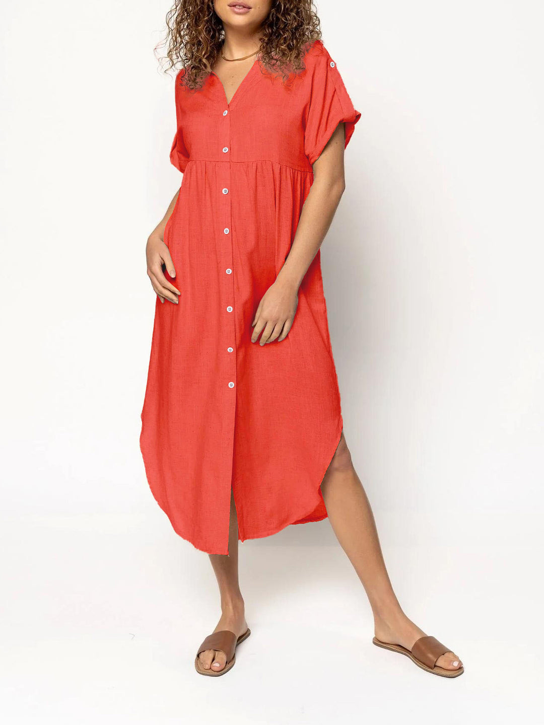 Ladies mid dress with button placket, V-neck and casual babydoll fit Mune Fashion