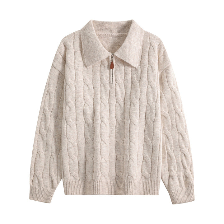 Women's chunky knit turtleneck sweater with half zipper & oversized collar Mune Fashion