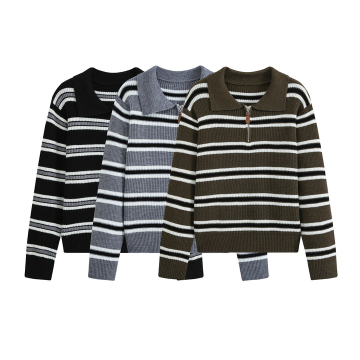 Women's Striped Knit Sweater with Polo Collar and Half Zipper Mune Fashion