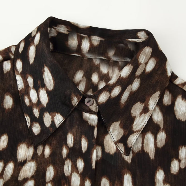 Women's Silk-like Shirt Blouse with Polka Dot Print and Concealed Button Placket Mune Fashion