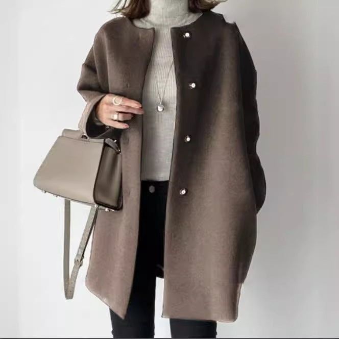 Women nan Oversized Wool Blend Coat with Pearl Buttons and Straight Cut Mune Fashion