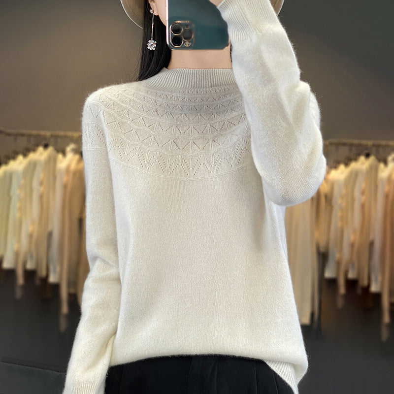 Women's Cozy Mohair Look Pullover with Decorative Structure on the Top and High Collar Mune Fashion