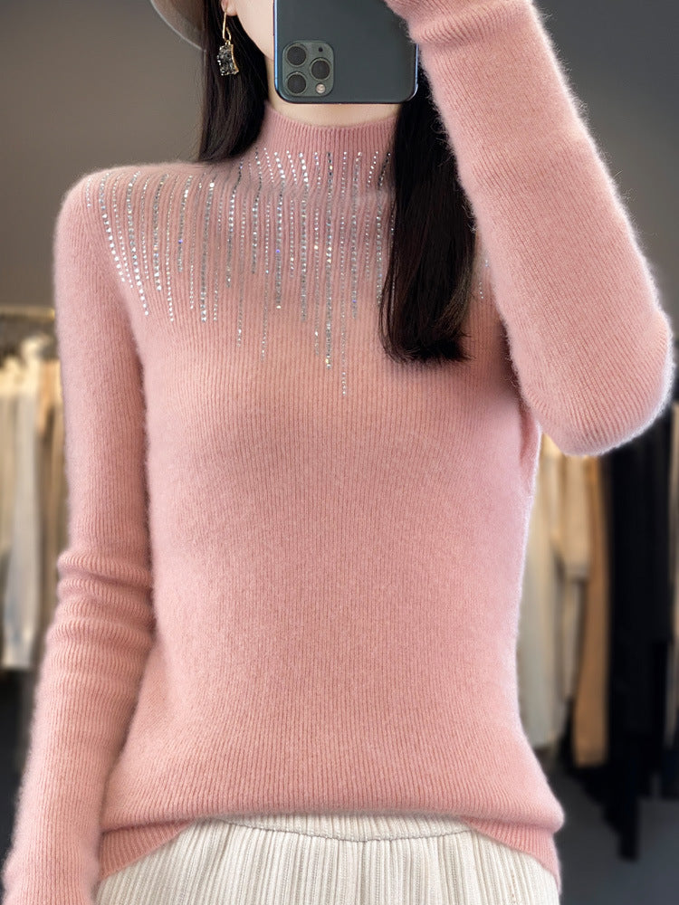 Women's Cashmere-Look Mockneck Sweater with Sparkling Rhinestone Cascade Mune Fashion