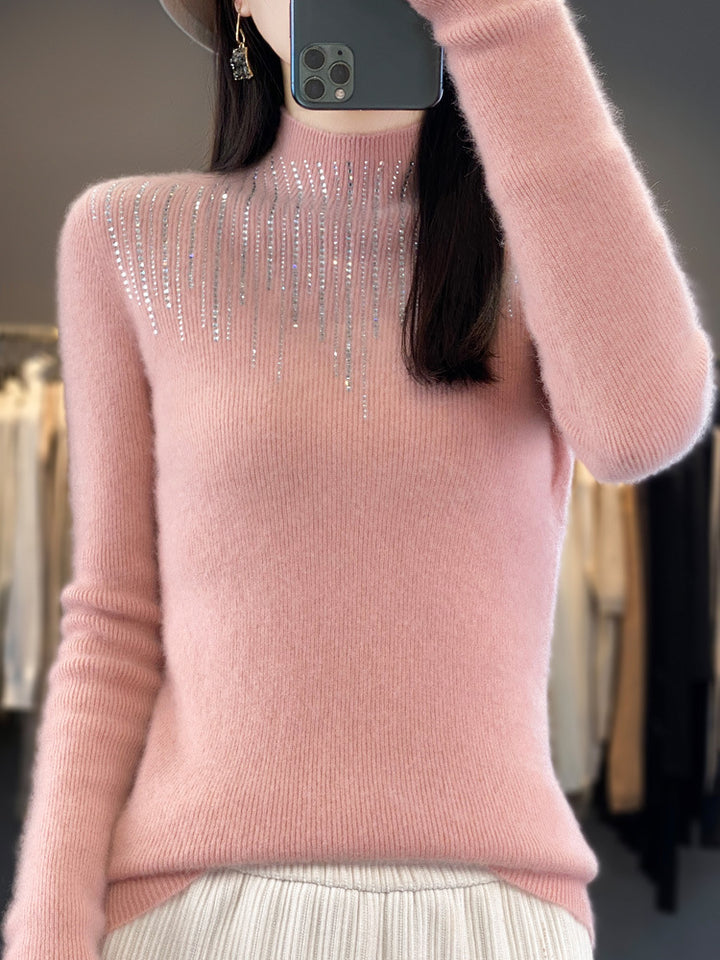 Women's Cashmere-Look Mockneck Sweater with Sparkling Rhinestone Cascade Mune Fashion