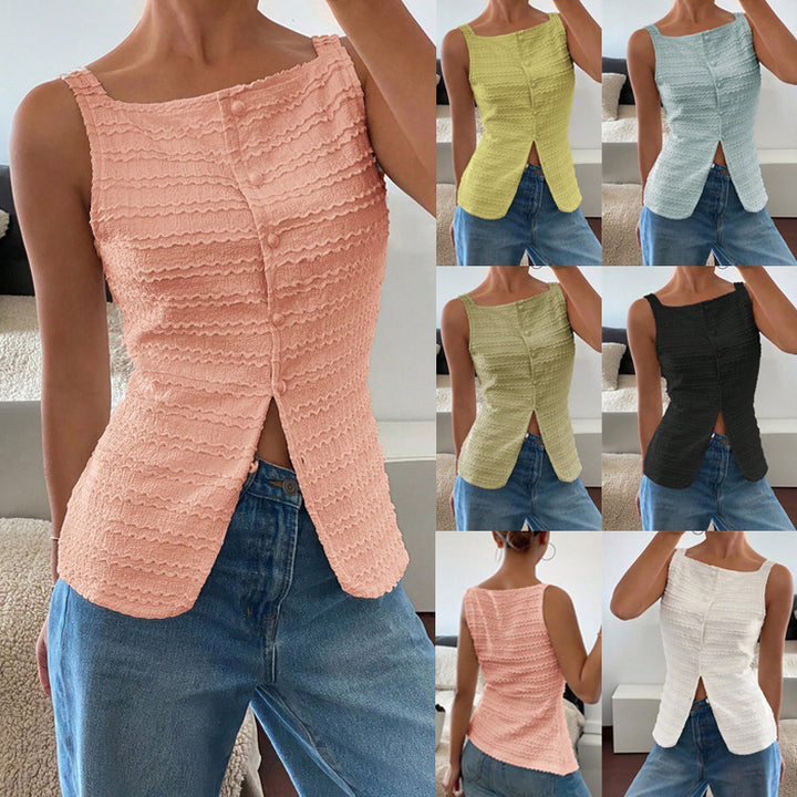 Women's sleeveless structured top with decorative button placket and front slit Mune Fashion
