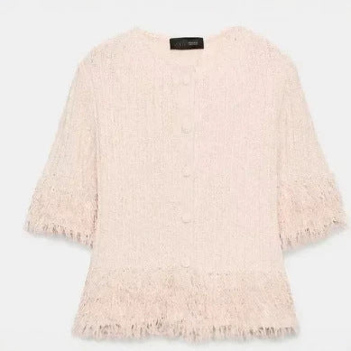 Women's Short Sleeve Boucle Cardigan with Textured Knit, Fringe Trim and Covered Buttons Mune Fashion