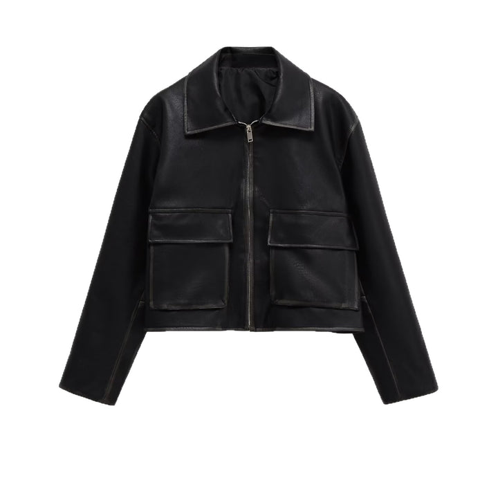Women's Short Boxy Leather Look Jacket with Zip and Large Flap Pockets Mune Fashion