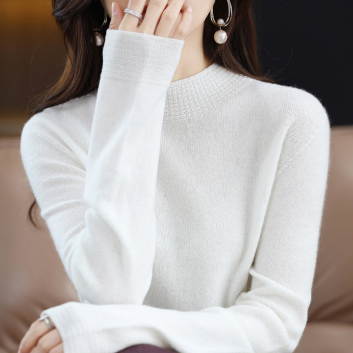 Women Light Fine Knit Mock Neck Sweater with Structured Collar Trim Mune Fashion