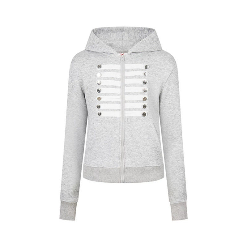 Women's hooded sweatshirt jacket with decorative military braid trim and decorative buttons Mune Fashion