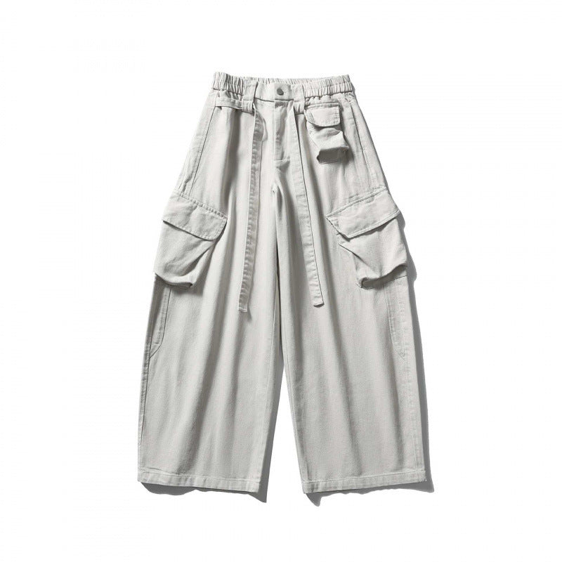 Unisex Wide Cargo Cropped Pants with High Elastic Waistband, Multiple Pockets and Drawstring Mune Fashion