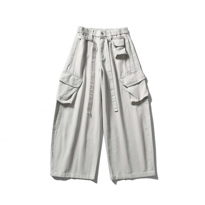 Unisex Wide Cargo Cropped Pants with High Elastic Waistband, Multiple Pockets and Drawstring Mune Fashion
