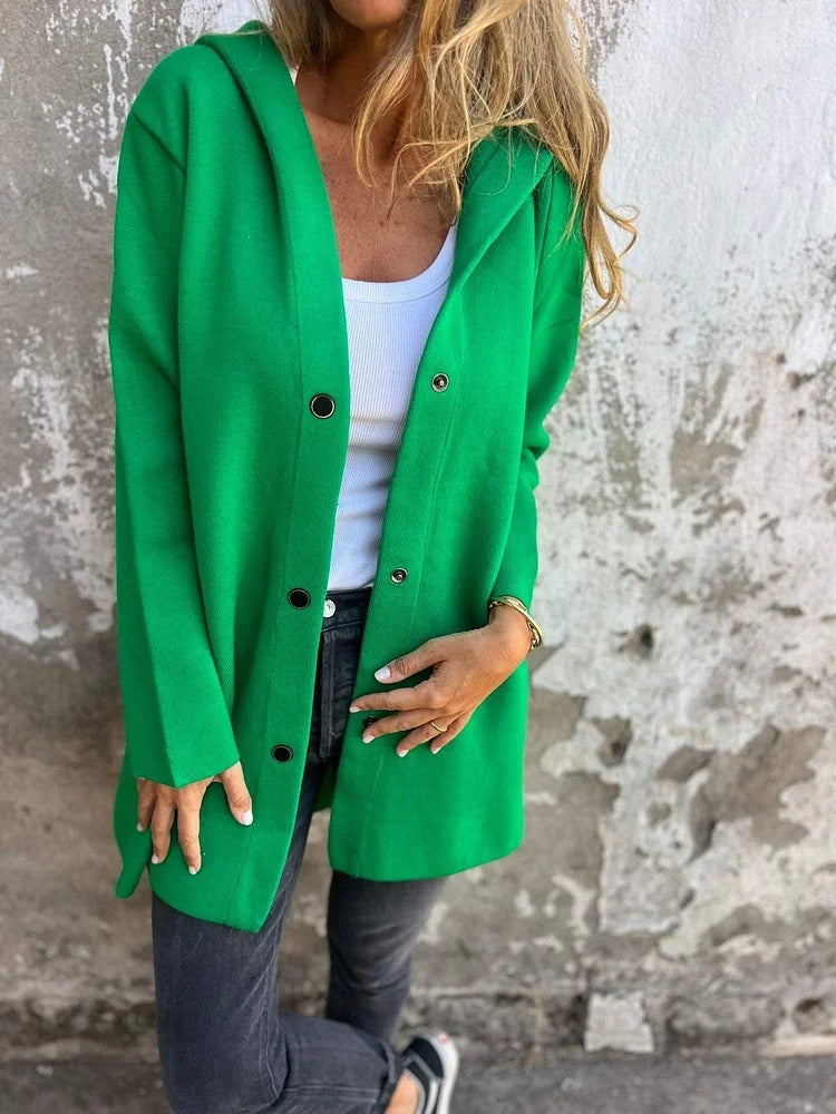 Women's hooded coat mid-length cotton blend with snap button placket and side pockets Mune Fashion